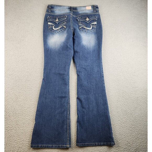 L.E.I. Jeans Women's Jr 7 Sophia Hipster Flare Blue Denim Pants Stretch Bootcut - Picture 2 of 9